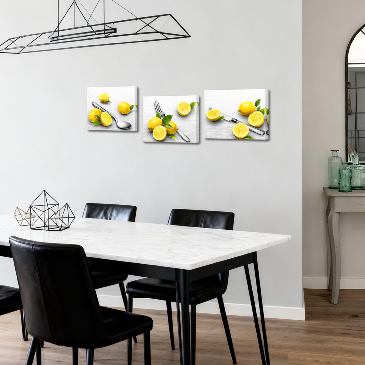 Biuteawal Grey and Yellow Kitchen Wall Art Fruit Lemon Painting with Fork Knife Spoon Kitchenware Picture Prints Dining Room Restaurant Decoration Framed