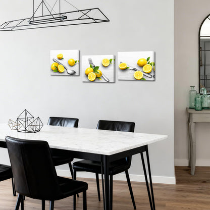 Biuteawal Grey and Yellow Kitchen Wall Art Fruit Lemon Painting with Fork Knife Spoon Kitchenware Picture Prints Dining Room Restaurant Decoration Framed