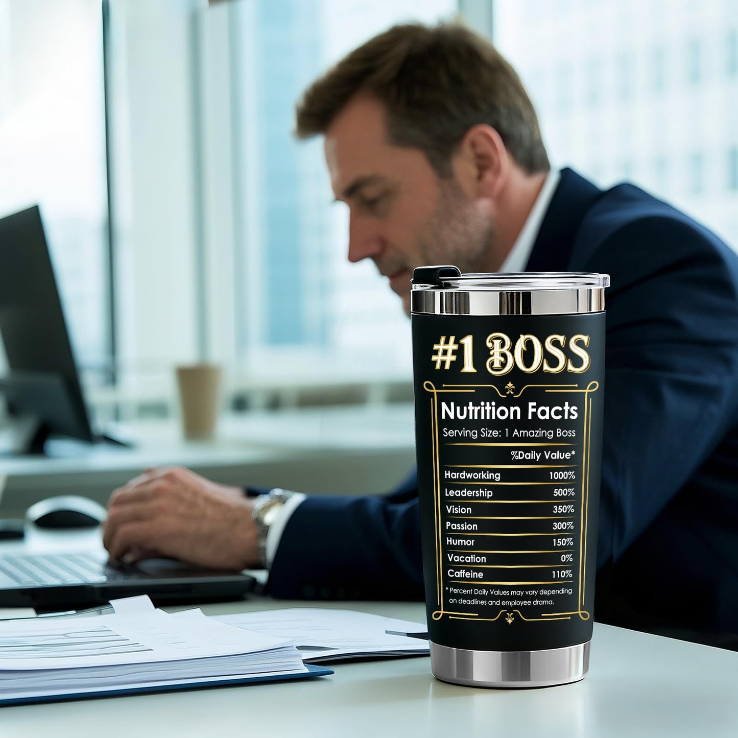 ZyraGleam Worlds Best Boss Appreciation Gifts for Men - Boss Birthday Gift Ideas for Male Insulated Stainless Steel Travel Coffee Tumbler 20 OZ Black