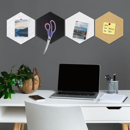 8 Packs Hexagon Felt Pin Board, 12" Bulletin Board with 30 Push Pins, Felt Board for Home Kitchen Office, Self-Adhesive Corkboard Tiles for Walls Message Photos Memos Display (Black White Grey Camel)