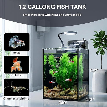1.2 Gallon Small Aquarium Set Glass Fish Tank,Desktop Small Aquarium Kit for Beginners and Children to Keep Betta Fish, Goldfish, Shrimp, and Aquatic Plants (Black, 1.2 Gallon (Complete Kit))