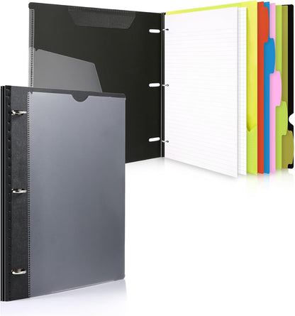 WOT I 1-Pack Telescoping 3 Ring Binder Notebook - Customizable Cover, 5 Dividers & Pocket Folder in One Slim Organizer (60 Sheets Included), Black