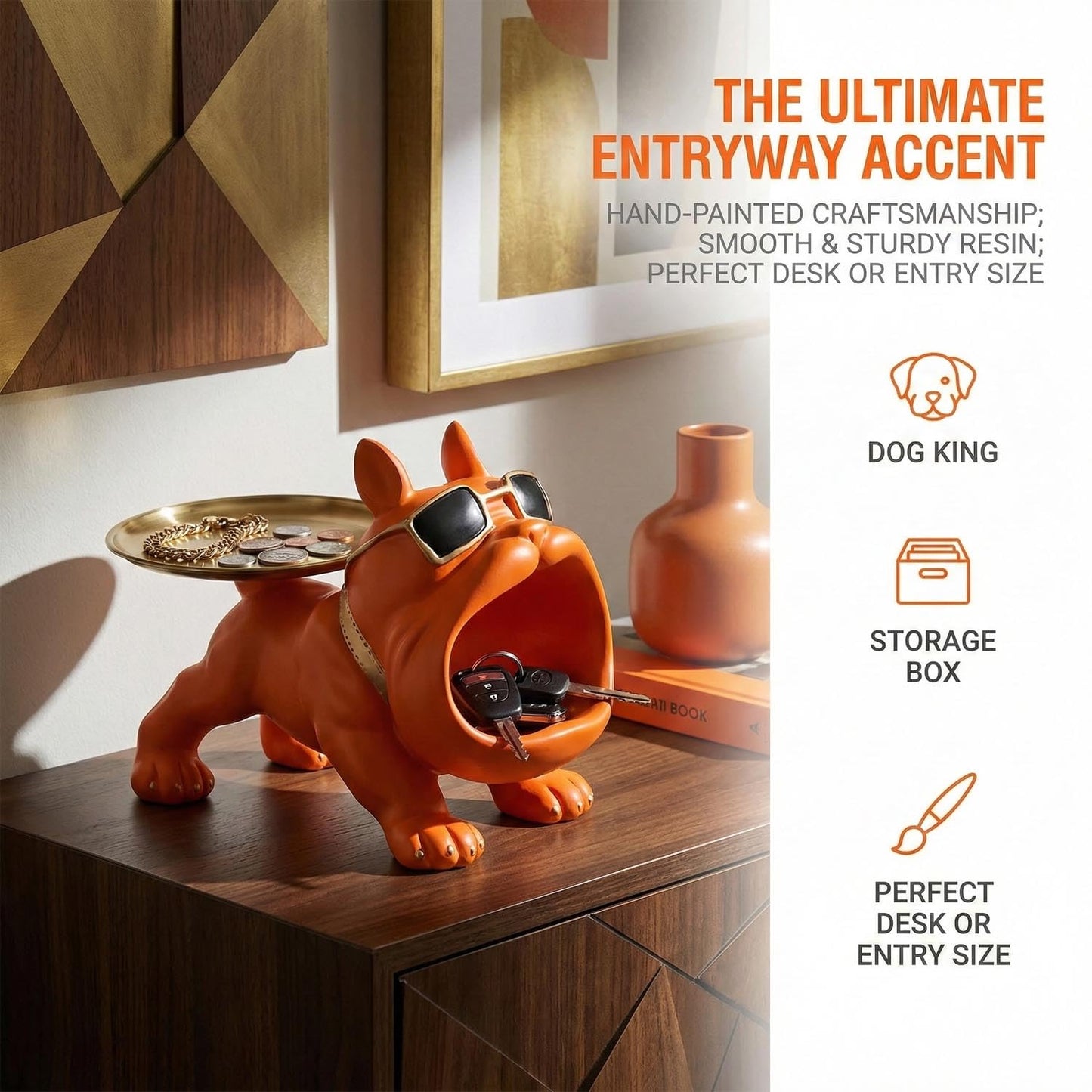 QDDTRAHCCLJZ French Bulldog Tray Sculpture – Multifunctional key tray and candy bowl, resin bulldog statue, suitable for entryway tables, office desks, living room use, home decor gift. (orange)