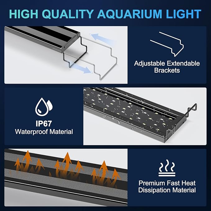 AQQA LED Aquarium Light for Plants, 24/7 Mode Full Spectrum Fish Tank Light with 3 Light Modes, Adjustable Timer/Brightness, Memory Function, Extendable Brackets for Freshwater for 24-32 Inch Tank 22W