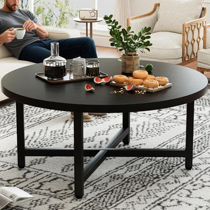 Coffee Table, 31.5" Large Coffee Tables, Black Round Coffee Tables for Living Room, Floor Table for Sitting on The Floor, Center Coffee Table with Metal Frame for Office Apartment Home