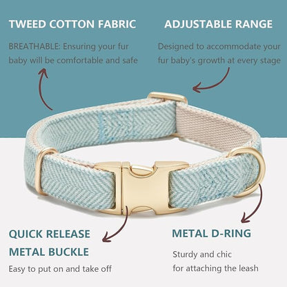 Soft Dog Collar and Leash Set Adjustable Woven Tweed Dog Collars with Metal Buckle and Lead for Small Medium Large Dogs,Blue