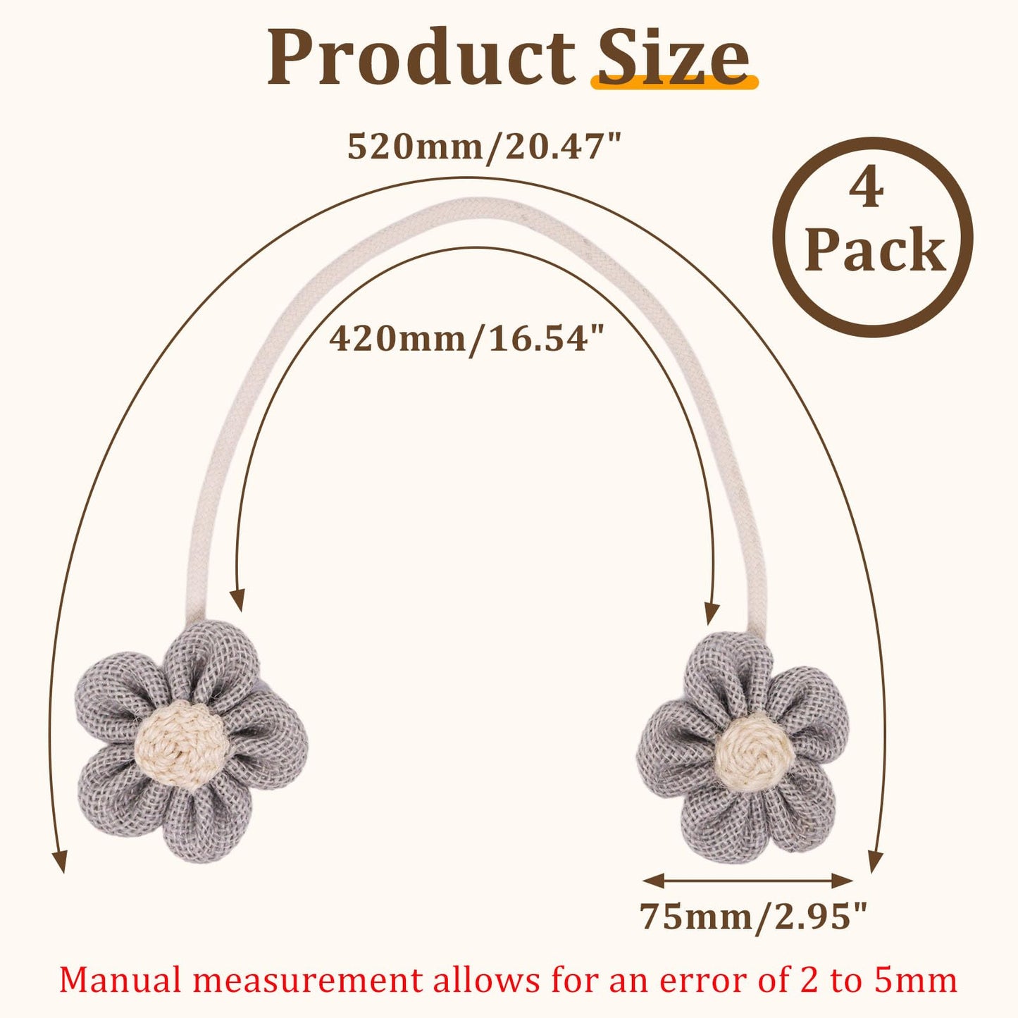 GDFYMI 4 Pack Flower Curtain Tiebacks, Rope Curtain Tiebacks Boho Style, Simple Elegant DIY Curtain Holdbacks, Curtain Tie Backs for Home Office Bedroom Nursery Farmhouse Decor (Grey)