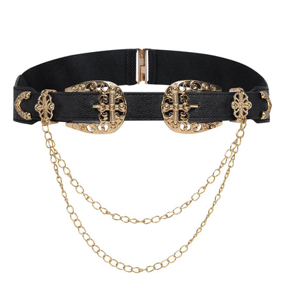 Barry.Wang Women Double Western Belt Vintage Leather Black Belt Gold Buckle Design Elastic Waist Chain Jeans Dresses Cowgirl