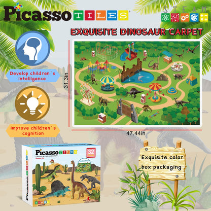 PicassoTiles Dinosaur Play Mat Toys 32pc Dino Playset STEM Activity Learning Kit STEAM Toy with Educational Book, 21 Action Figures T-Rex, Triceratops, Velociraptor, Trees, Rocks for Kids 3+ PTD11