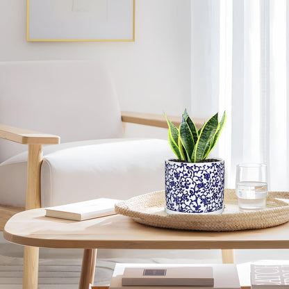 Set of 2 Blue and White Ceramic Plant Pots with Drainage Hole and Saucers, Retro Blue Porcelain Flowers Round Planters for Succulent Cactus Indoor Outdoor Garden Home Desktop Decor, 4.5+5.5 Inch
