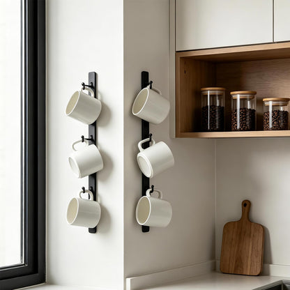 Yohsnor Coffee Mug Rack Set of 2 - Stylish Black Iron Coffee Cup Holder with 6 Hooks, Mounted Shelf for Kitchen & Office, Space-Saving, Easy to Install, Durable & Sturdy Hanger Racks
