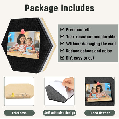 16Pcs Hexagon Felt Cork Board Tiles Self Adhesive Hexagon Wall Tiles with 60 Push Pins 20 Wooden Clips DIY Bulletin Board Pin Boards for School Office Home Photos Memos Display (Black Grey)
