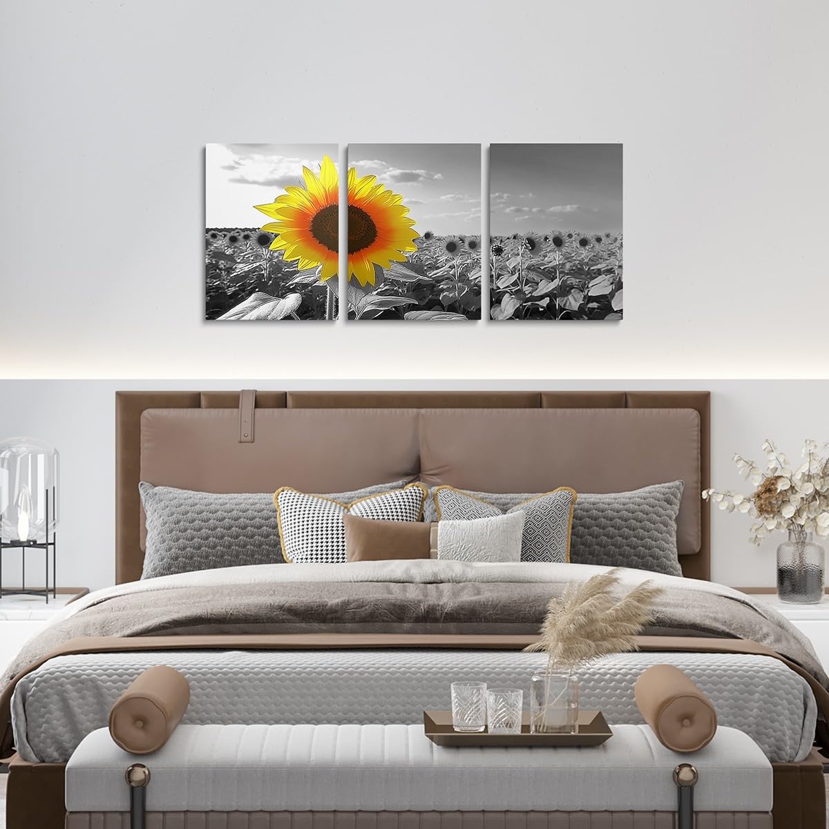 jejeloiu Sunflower Canvas Wall Art for Living Room Bedroom 12"x16"x3pcs Yellow Flowers Picture Wall Decor for Bathroom Black and White Office Decorations Artwork Posters Natural Scenery Painting