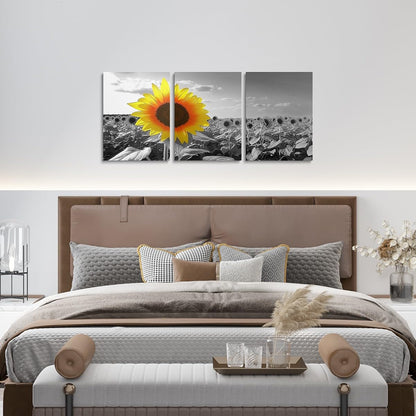 jejeloiu Sunflower Canvas Wall Art for Living Room Bedroom 12"x16"x3pcs Yellow Flowers Picture Wall Decor for Bathroom Black and White Office Decorations Artwork Posters Natural Scenery Painting