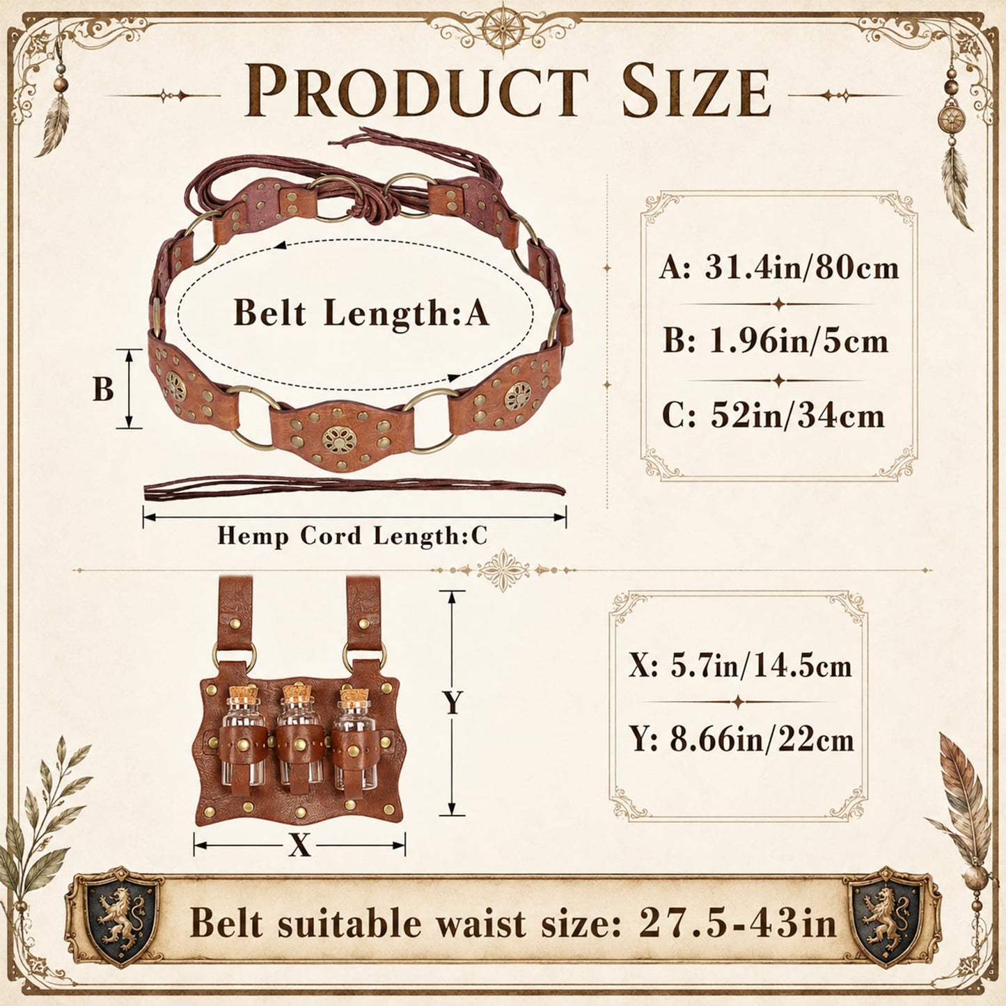 HOSEBS Renaissance Belt for Women-Medieval Belt Set with Potion Bottle,Wizard Belt for Fantasy Accessories for LARP Cosplay (Brown)