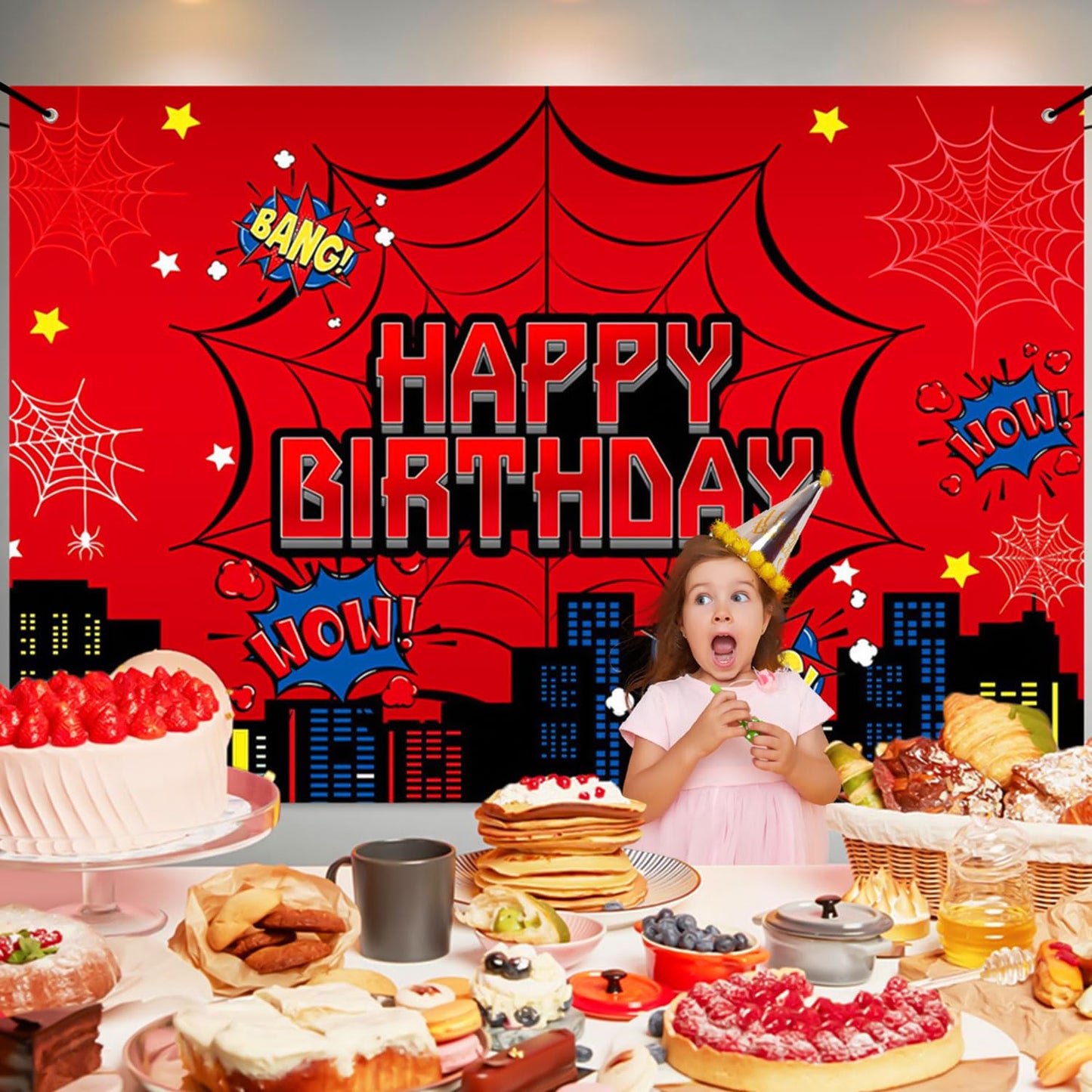 Favuit Red Spider Web Backdrop for Birthday Party Decoration, 7 x 5ft Photo Background Banner Red and Blue Cartoon Theme Party Supplies for Boys Baby Shower Wall Decor Photo Booth Props (7 x 5ft)