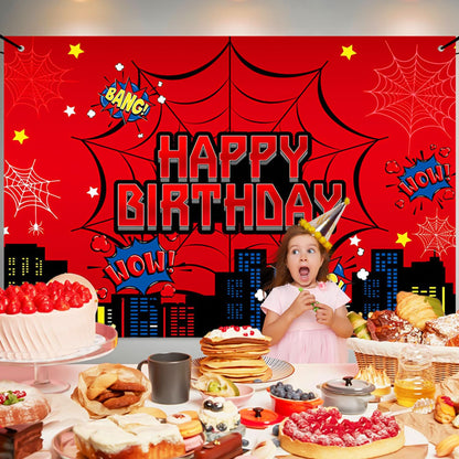 Favuit Red Spider Web Backdrop for Birthday Party Decoration, 7 x 5ft Photo Background Banner Red and Blue Cartoon Theme Party Supplies for Boys Baby Shower Wall Decor Photo Booth Props (7 x 5ft)