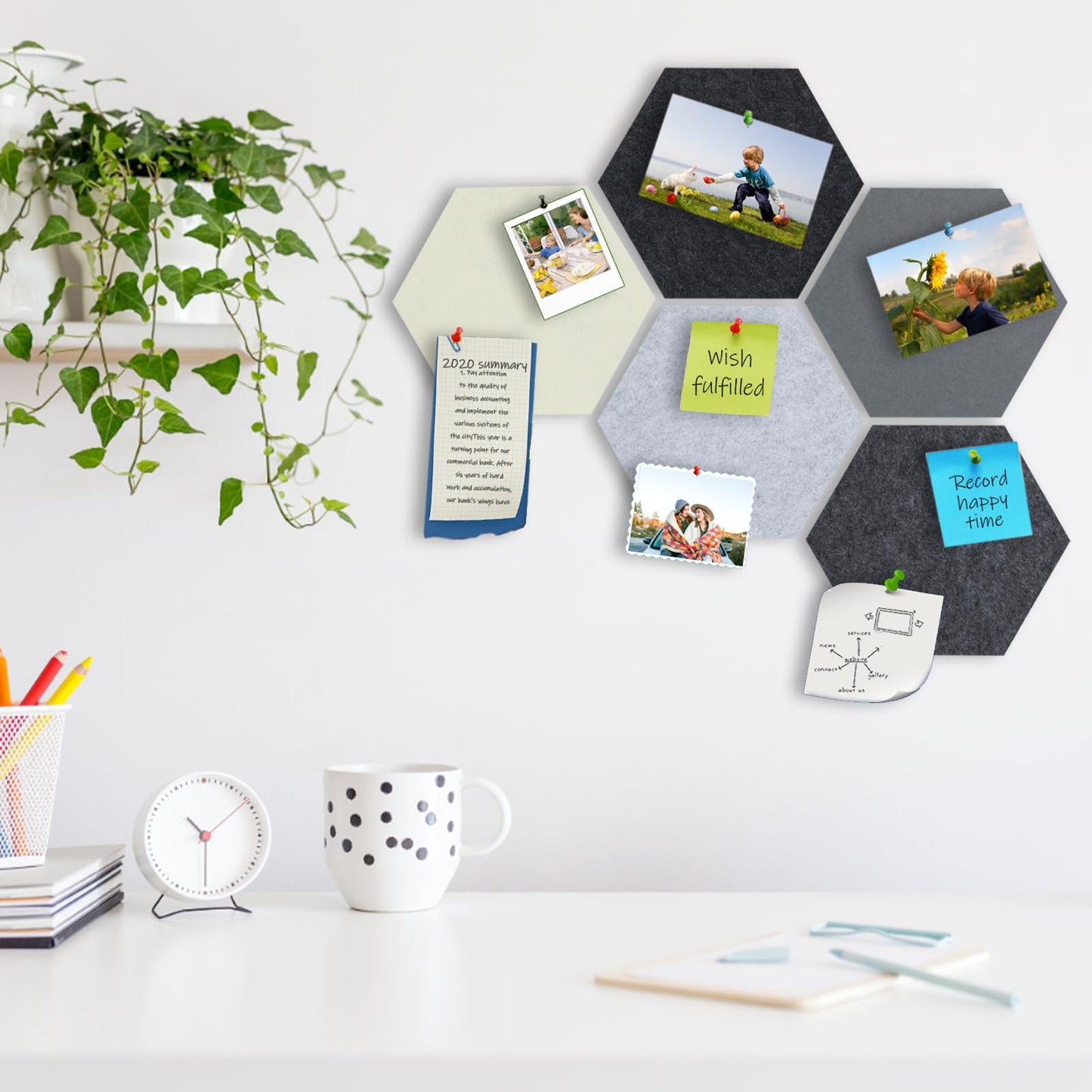 SEG Direct Hexagon Felt Cork Board Tiles, Hexagon Felt Bulletin Board Tiles Self Adhesive Picture Board, Memo Notice Tiles Pin Board for Walls Office, 11.8" x 10.2", 5PCS(Gray Series)