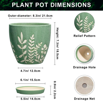 EPFamily 8 Inch Indoor Plant Pot with Drainage and Saucer - Ceramic Planter for Indoor Outdoor Plants, Decorative Flower Pot, Desk Home Office Garden Decor, Plant Lovers Gifts, Green