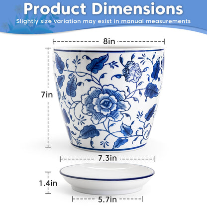 HakkaGirl 8 inch Ceramic Planters for Indoor Plants, Chinoiserie Decor Ceramic Pots for Plants Flower Plant Pots Indoor with Drainage and Saucer, Blue and White