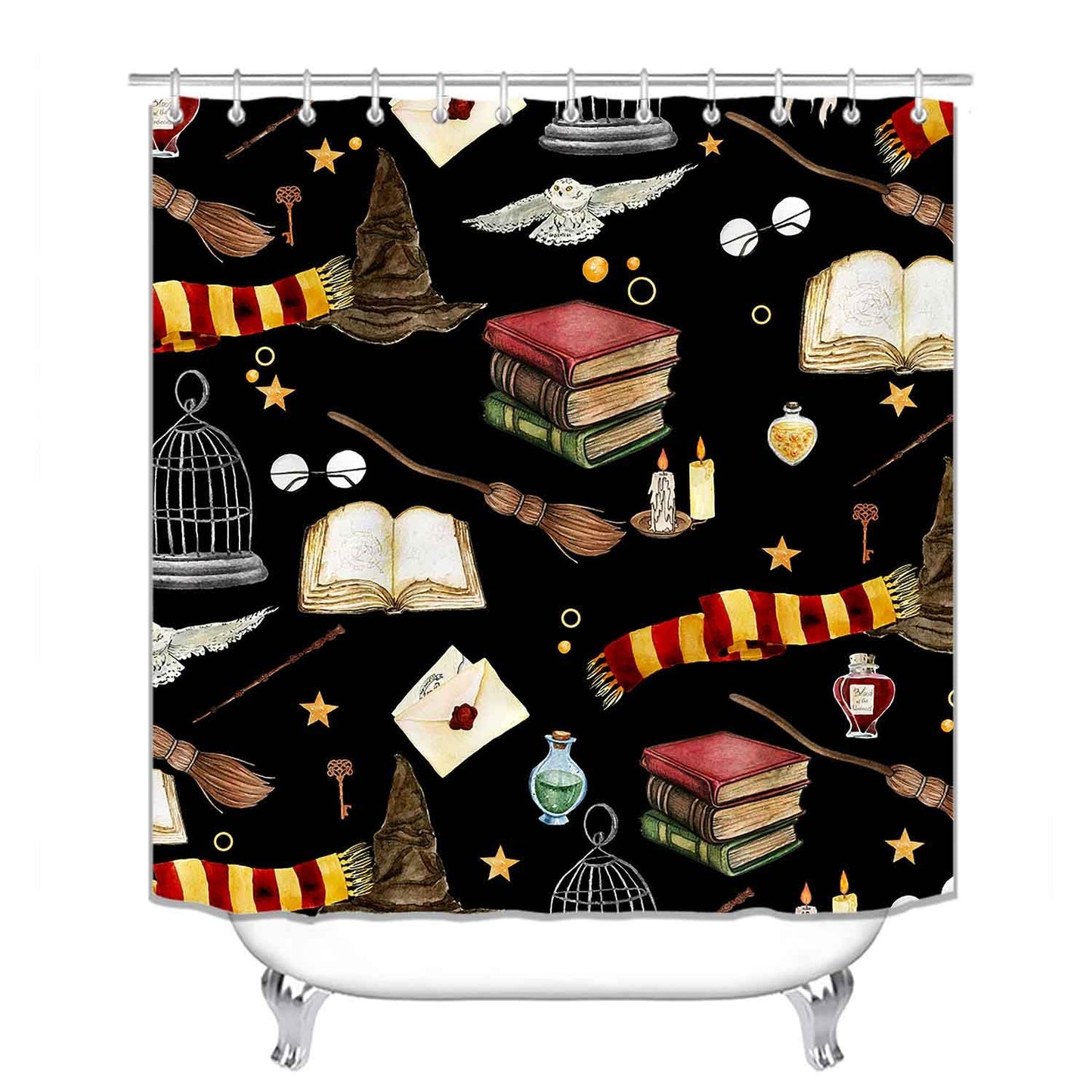 OLEBETY 4PCS Witchy Magical Halloween Shower Curtain Sets With Rugs, Waterproof Fabric Black Shower Curtain, Funny Magic Book Wizard Hat Owl Broom Mysterious Spooky Teen Boys Girls Kids Bathroom Decor