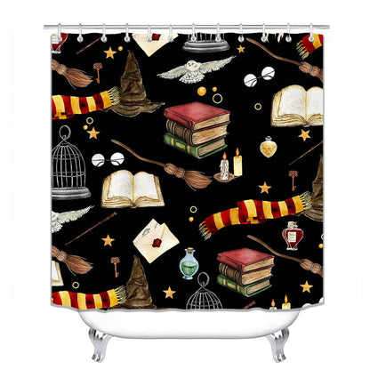 OLEBETY 4PCS Witchy Magical Halloween Shower Curtain Sets With Rugs, Waterproof Fabric Black Shower Curtain, Funny Magic Book Wizard Hat Owl Broom Mysterious Spooky Teen Boys Girls Kids Bathroom Decor
