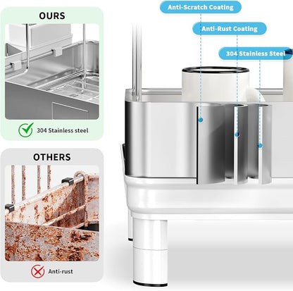 Ewaiira Dish Drying Rack, 2 Tier Large Dish Rack, Stainless Steel Dish Drainer for Kitchen Counter, Dishes Rack with Automatic Drainage, Utensil Holder&Cups Holder,Space Saving Kitchen Organizer,White