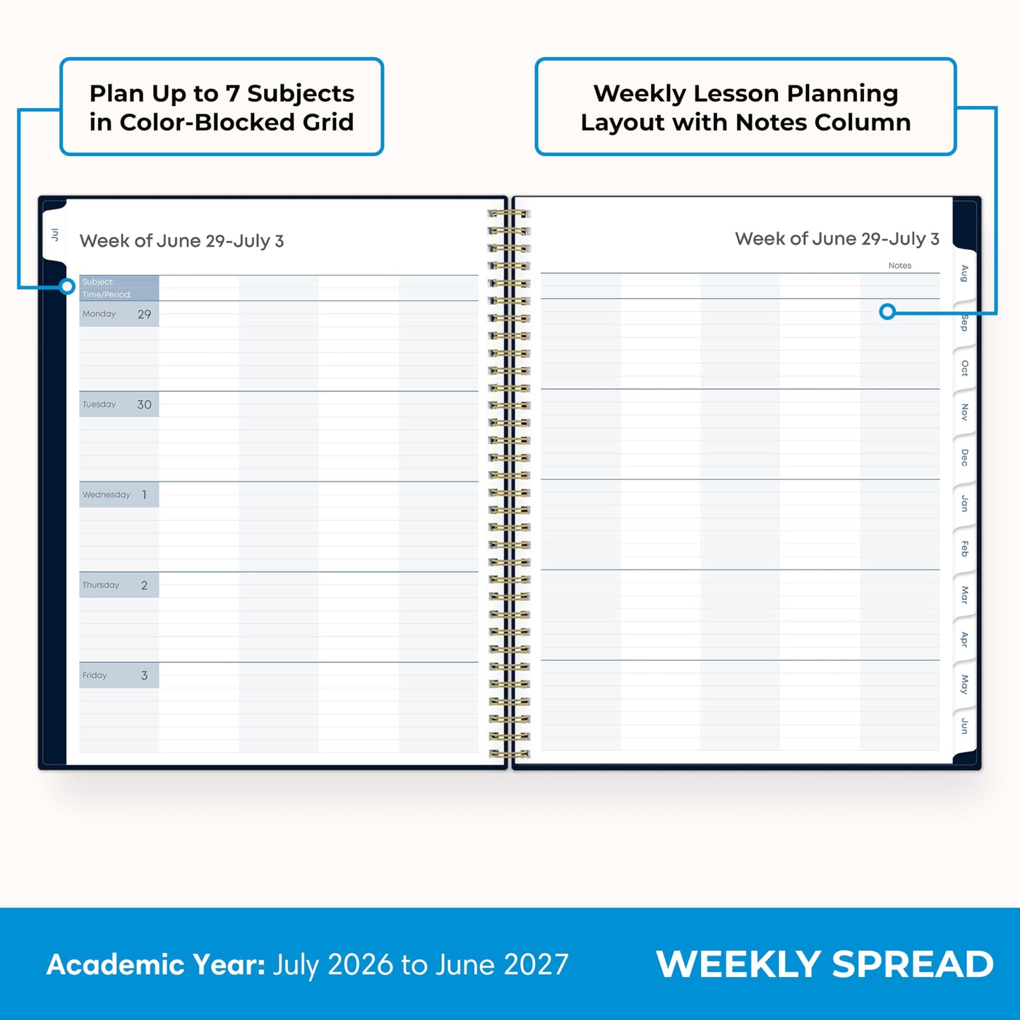 Blue Sky 2026-2027 Weekly and Monthly Academic Year Teacher Lesson Planner Calendar, July 2026 - June 2027, 8.5" x 11", Flexible Cover, Wirebound, Laminated Tabs, Storage Pocket, Solid Navy