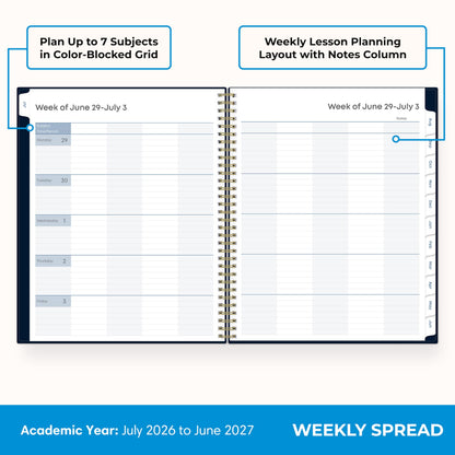 Blue Sky 2026-2027 Weekly and Monthly Academic Year Teacher Lesson Planner Calendar, July 2026 - June 2027, 8.5" x 11", Flexible Cover, Wirebound, Laminated Tabs, Storage Pocket, Solid Navy