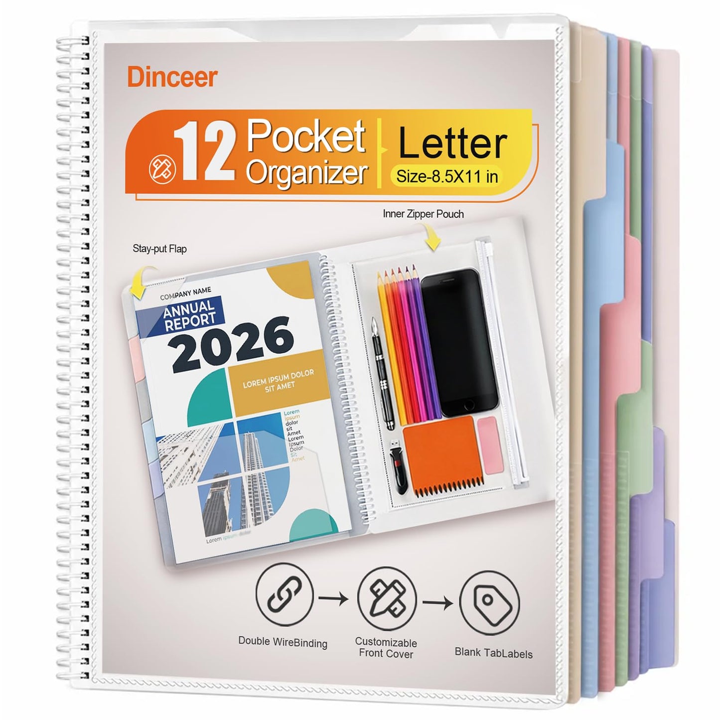 Dinceer 12 Pocket Spiral Project Organizer Folder, Morandi Color Multi Pocket Folder with Inner Zipper Pouch for School, Office, Bills and Documents