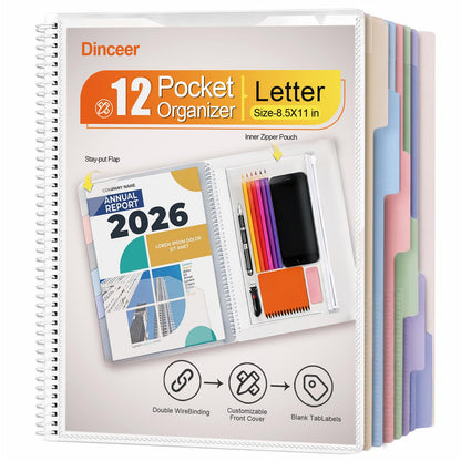 Dinceer 12 Pocket Spiral Project Organizer Folder, Morandi Color Multi Pocket Folder with Inner Zipper Pouch for School, Office, Bills and Documents