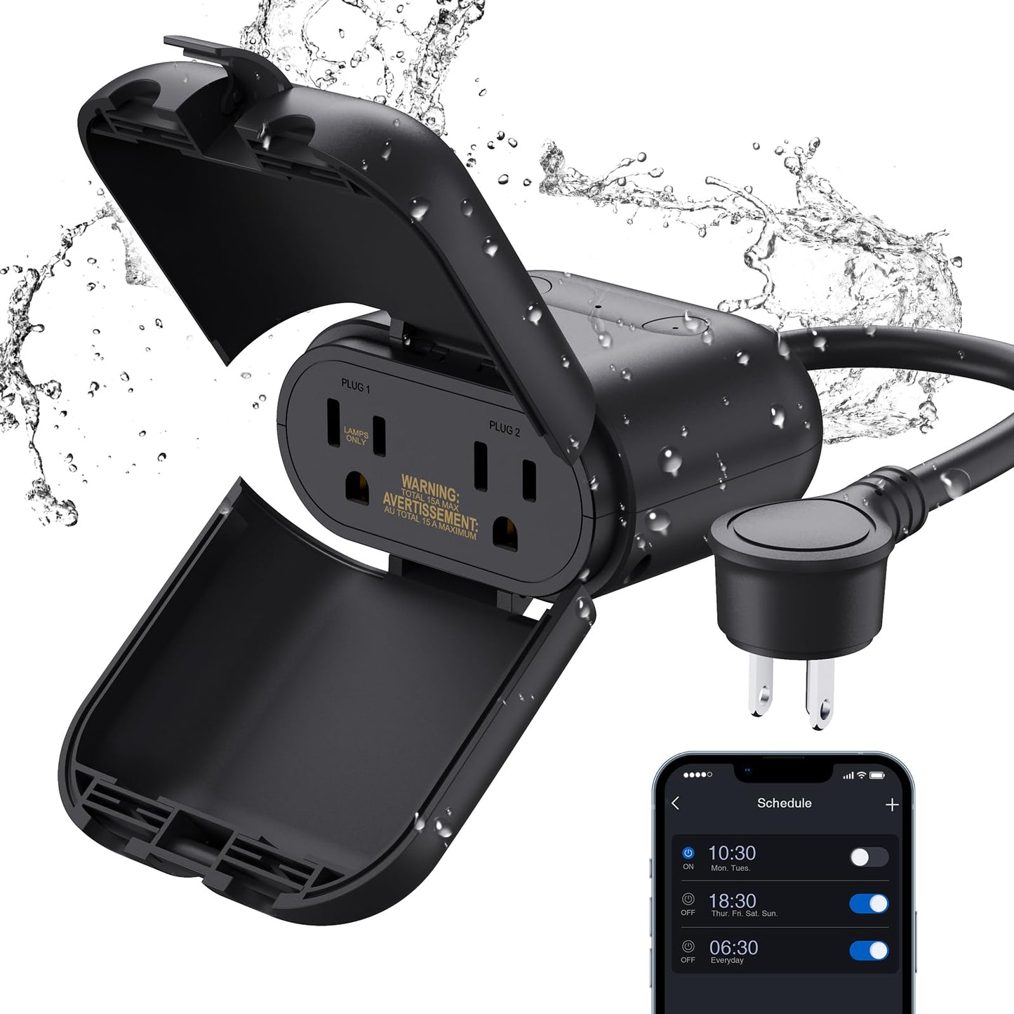 ELEGRP PQR20 Outdoor Smart Plug Waterproof IP66, WiFi Plug with 2 Individually Sockets, Compatible with Alexa & Google Assistant, Smart Outdoor Outlet for String Lights, UL Certified, 2 Pack, Black