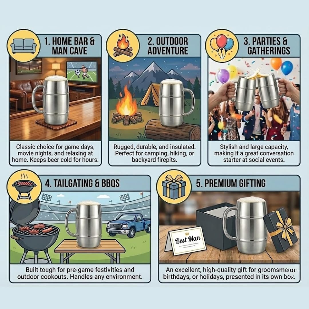 Silver Beer Mug 500ml for Men & Home Bar | Stainless Steel Beer Cup with Matte Interior & Polished Silver Exterior | Durable Large Beer Stein for Beer, Ale & Cocktails | by L’escape Artiste