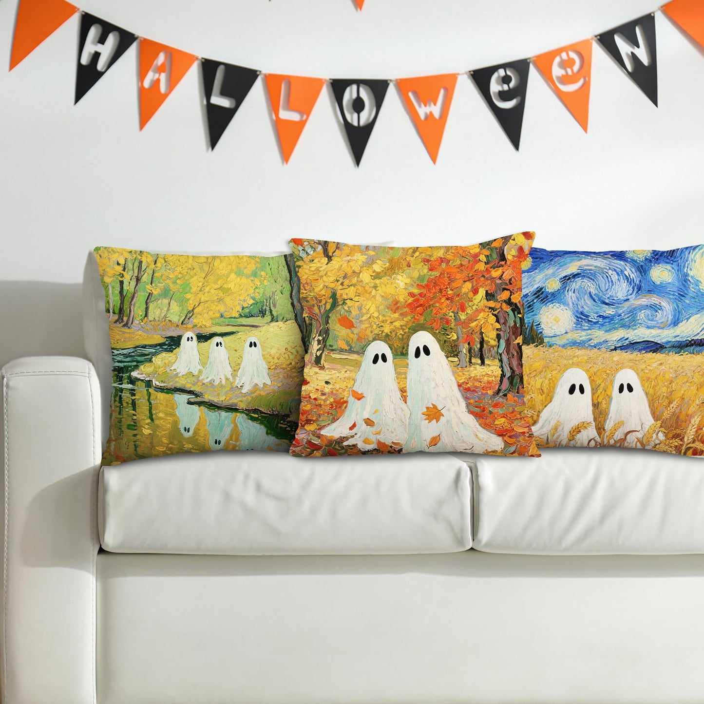 Whaline 4Pcs Halloween Pillow Covers Van Gogh Ghost Starry Sky Throw Pillow Case Decorative Cushion Cover for Sofa Couch Bed Home Office, 18 x 18 Inch