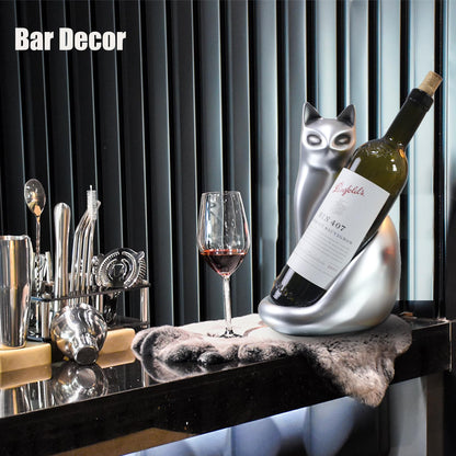 MAIHOM Tabletop Wine Rack Elegant Cat Shaped, Cat Decor Resin Wine Bottle Holder, Decorative Wine Storage for Home Bar, with Packaging for Cat Lovers Women, Silver