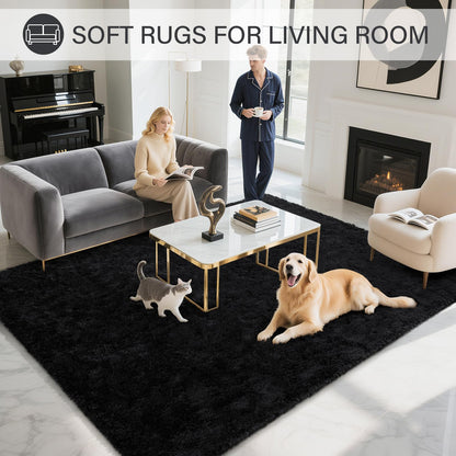 BENRON Fluffy Rugs for Living Room 5x8 Black, Washable Large Area Rugs for Bedroom Dining Table Office Kids Nursery Room, Washable Indoor Floor Carpets