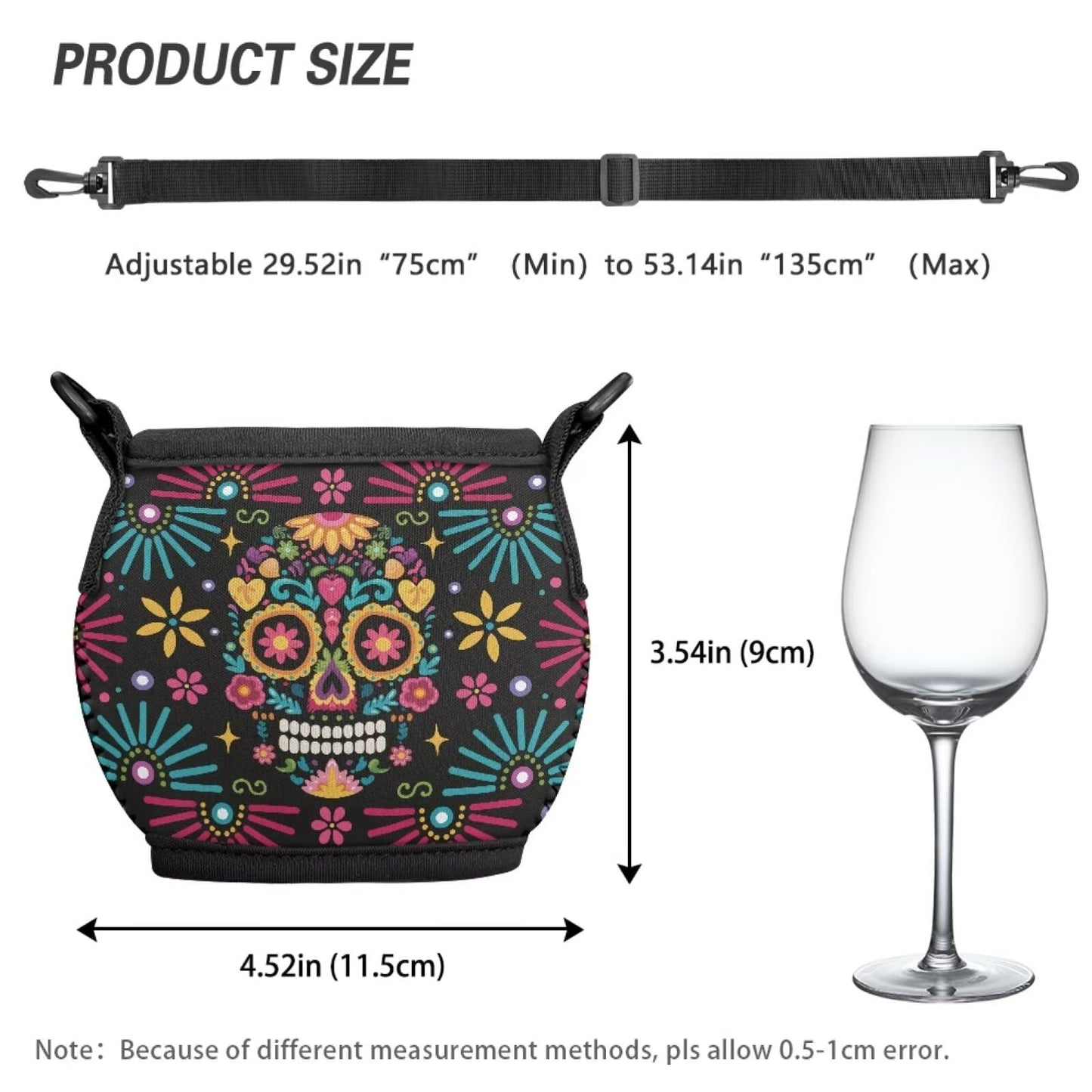 WHOSGNIHT Skull Flower Print Wine Glass Sleeve Large Neoprene Stemless Wine Glass Insulator Lanyard Hand Free Drink Holder with Neck Strap for Cocktail Festival