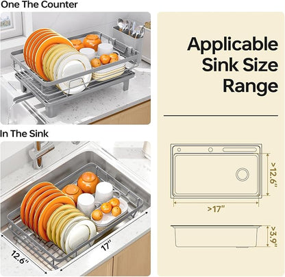 TOOLF Dish Drying Rack, Small Dish Racks for Kitchen Counter, Stainless Steel Sink Organization and Storage Essentials with Cutlery Holder, Dish Drainer, Home and Appartment Decor, Gray
