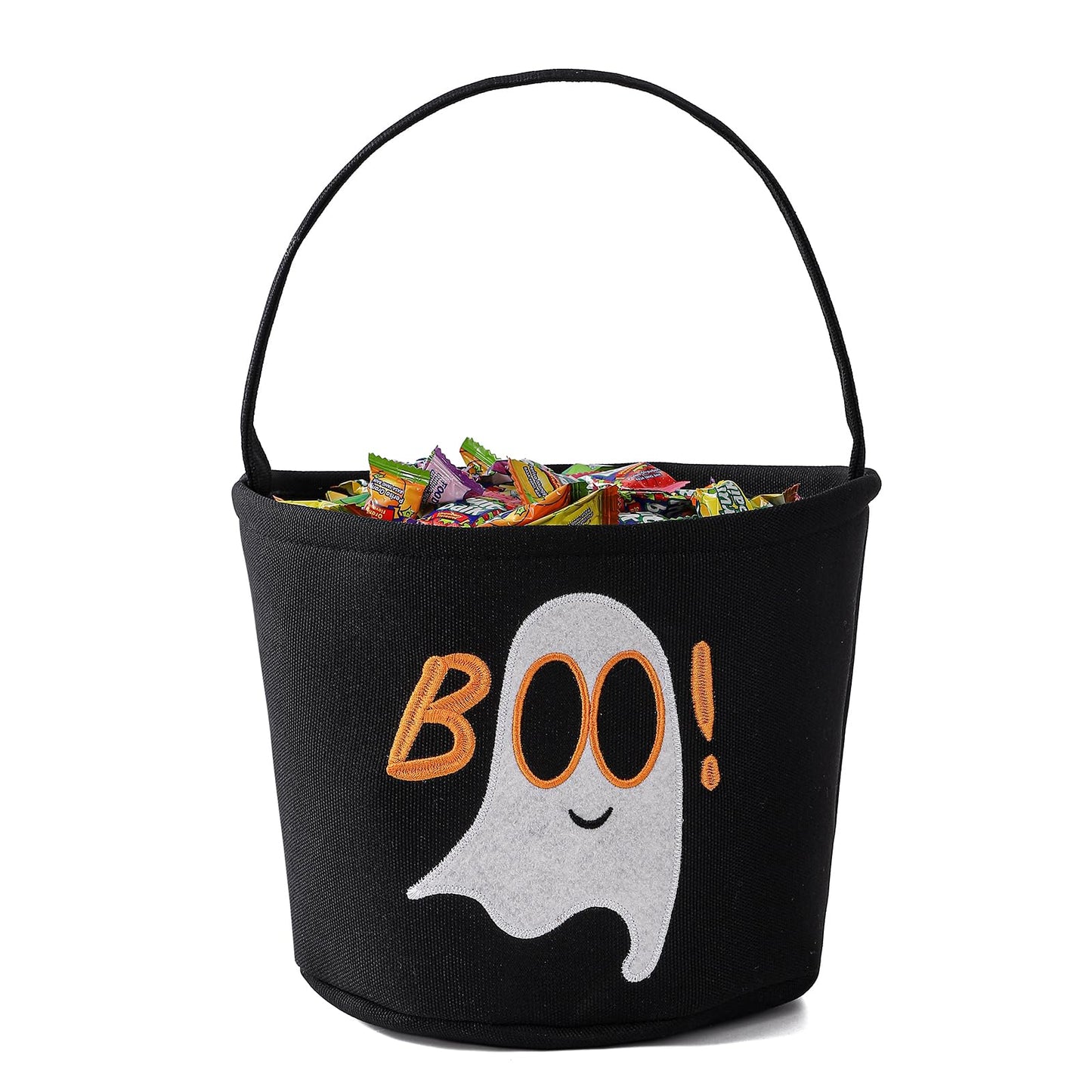 Halloween Bucket Halloween Basket for Kids, Trick or Treat Bags with Embroidery Foldable Candy Buckets Pumpkin Bucket Candies Basket with Handle for Party Decorations, (Black)