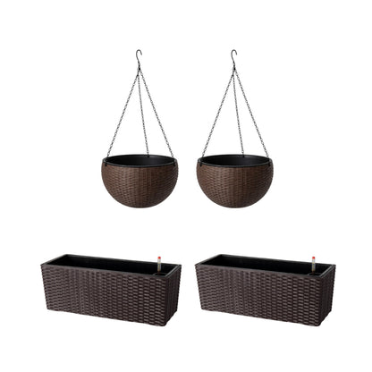 LaLaGreen Bundle- 2 Pack, 11 Inch Brown Hanging Plastic Basket + 2 Pack, 20 Inch Self Watering Planter with Bracket Rattan Style Window Plants Boxes Balcony Fence Porch Deck Modern Flower Pots Outdoor