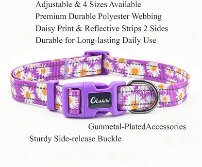 Dog Collar Leash Set, Floral Pattern, with Safety Reflective Strips, 5 ft Matching Leash, Neoprene Padded Handle, Adjustable 4 Sizes for Small Medium Large Dogs.(S, Purple Daisy)