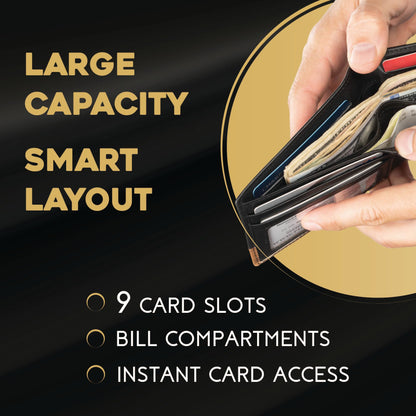 Claasico Mens Leather Bifold Wallet – RFID Blocking, Organized Card Storage with 9 Total Card Slots & ID Window, Everyday Wallet for Men (3.5 x 4.5), Premium Top Grain Leather, Gift Box Included…
