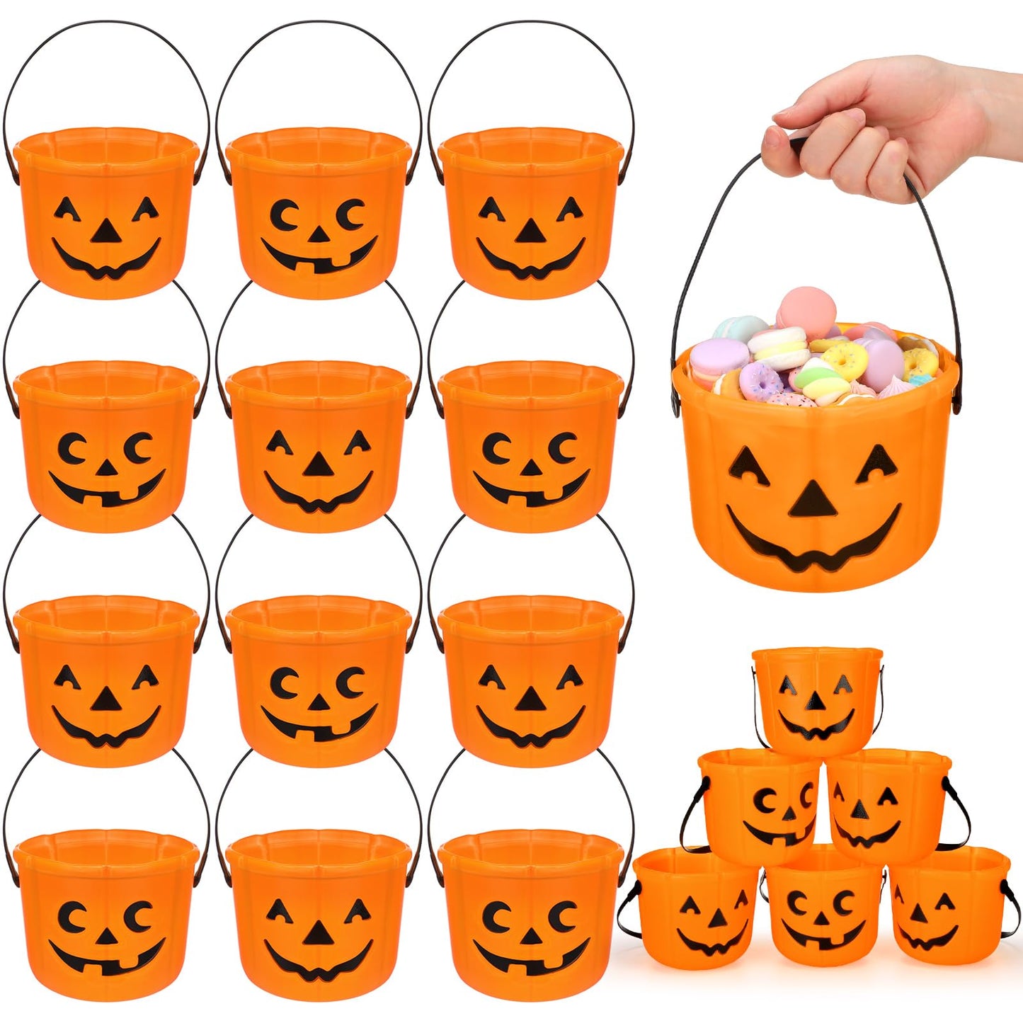 Jenaai 12 Halloween Trick or Treat Buckets Halloween Pumpkin Buckets Halloween Party Favors Pumpkin Face Candy Basket Plastic Pail Candy Bowl Holder with Handle or Party Decoration (Orange)