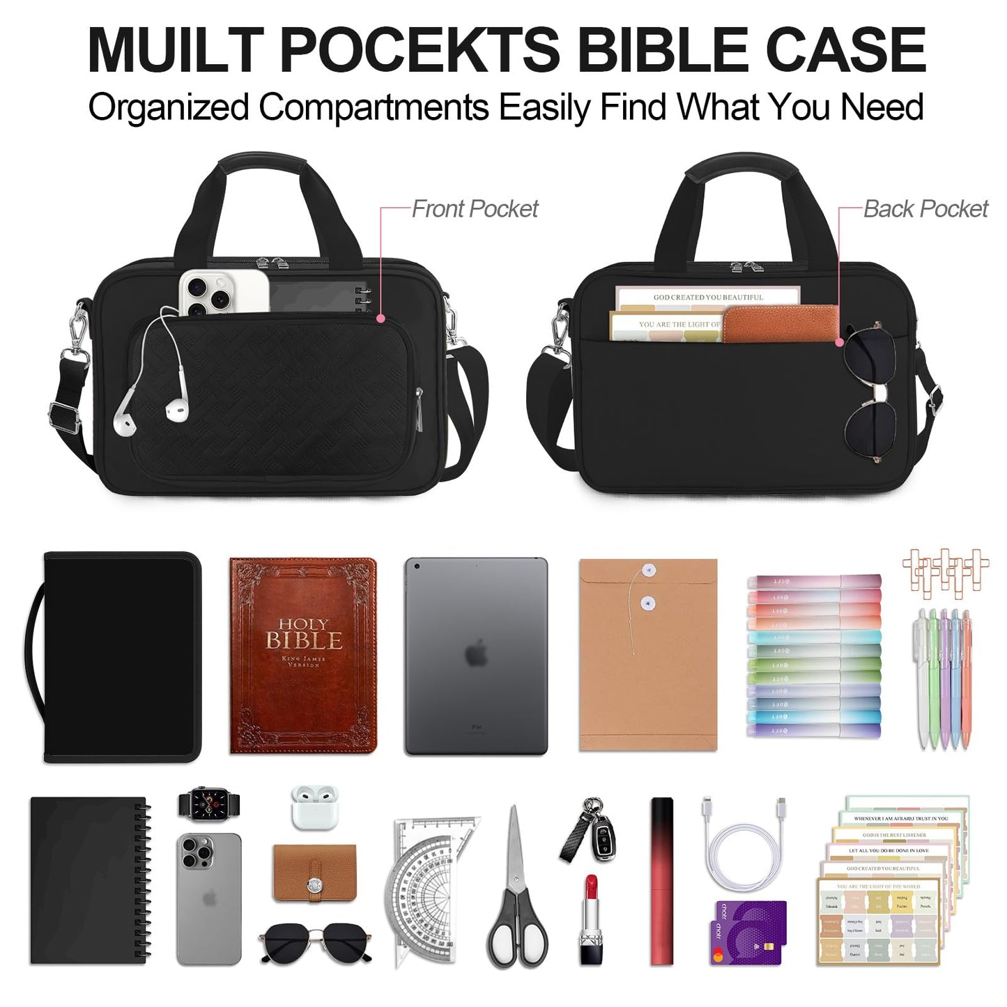 IBOVODI Bible Cover Case for Men Women with Highlighters Tabs Pens Cross Clips Large Church Bag with Zippered Pocket and Handle, Bible Study Supplies Bible Journaling Kit Book Carrying Case (Black)