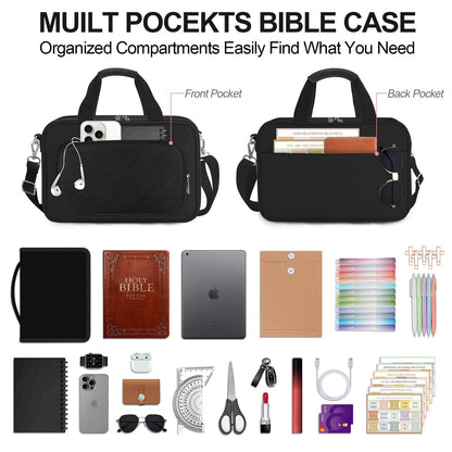 IBOVODI Bible Cover Case for Men Women with Highlighters Tabs Pens Cross Clips Large Church Bag with Zippered Pocket and Handle, Bible Study Supplies Bible Journaling Kit Book Carrying Case (Black)