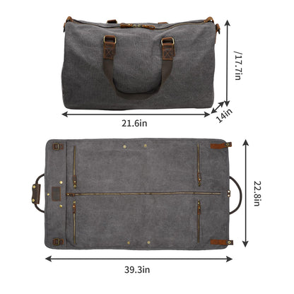 2 in 1 Suit Garment Duffle Convertible Carry-on Bag With Canvas Leather Shoulder Strap for Travel, Business Trips, Storage - Hangding Suit, Clothes, Dresses, Shoes (Gray)