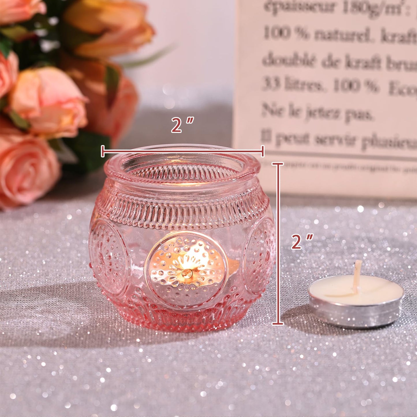 LAMORGIFT 24 Pcs Pink Candle Holder for Bridal Shower, Wedding Table Decorations- Floral Style Pink Votive Candle Holder, Centerpieces for Birthday, Engagement Party Decor