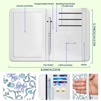 NUGGHU Passport Holder for Travel Essentials, Leather RFID Blocking Passport Wallet Cover Case, Cute Passport Book Holders for Women and Men Blue Bowtie