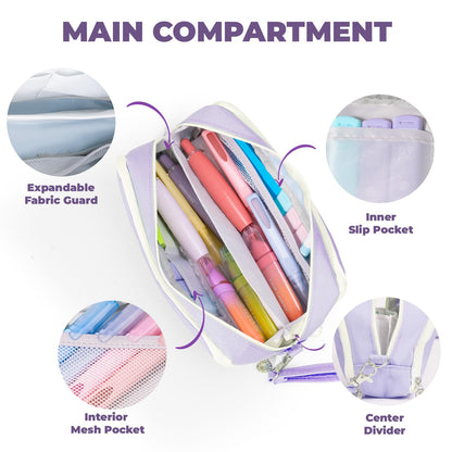 Four Candies Puple Pencil Case 3 Compartment Pouch, Large Pencil Case for School, Girls, Teen Boys, Women, Puple, Removable Handle & Zipper, Cute Pencil Bag for Office, College