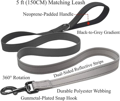 Dog Collar Leash Set, Gradient Color, with Safety Reflective Strips, 5 ft Matching Leash, Neoprene Padded Handle, Adjustable 4 Sizes for Small Medium Large Dogs.(M, Black Grey)
